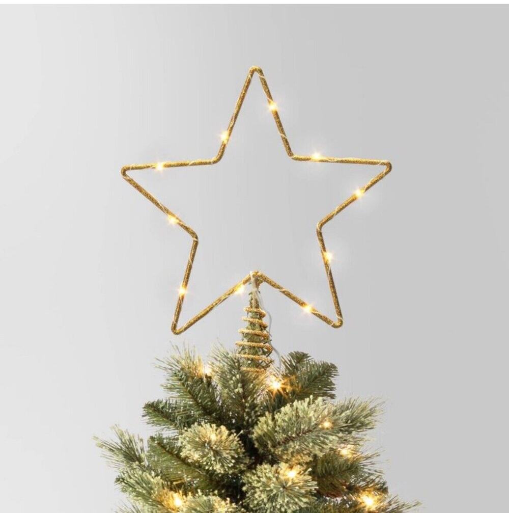 10in LED Lit Dewdrop Glitter Metal Open Star Christmas Tree Topper Gold New